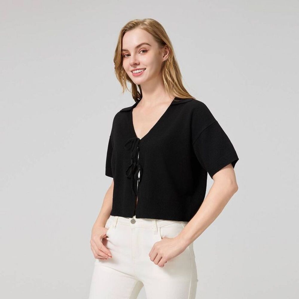 Women's Elbow Sleeve Tie-Front Polo Sweater - A New Day Black XXL